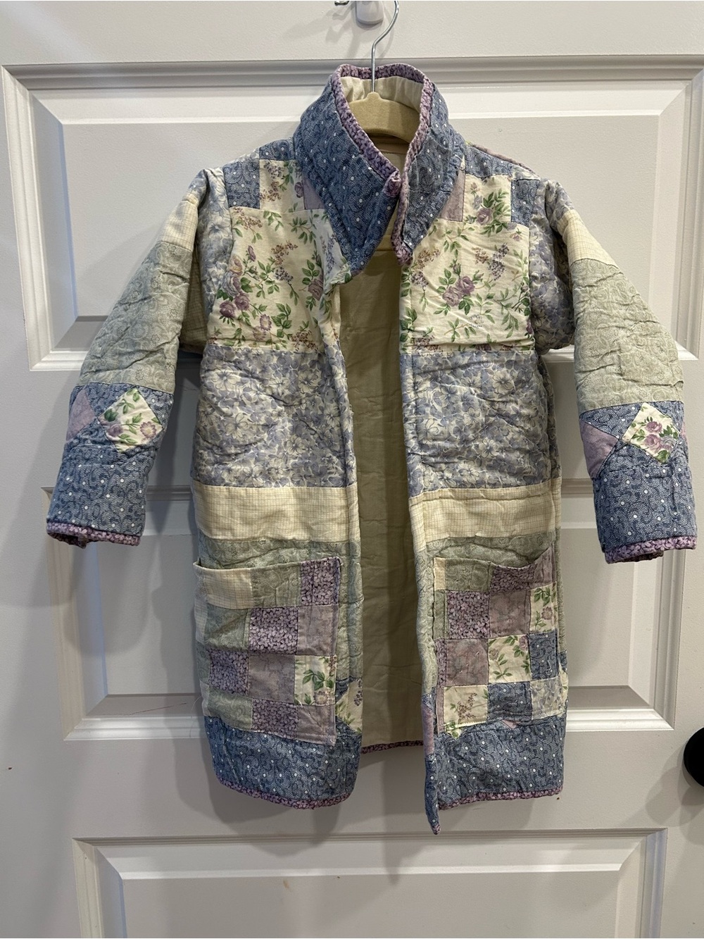 Vintage Quilted Patchwork jacket in Pastel Blue and Cream Upcycle
